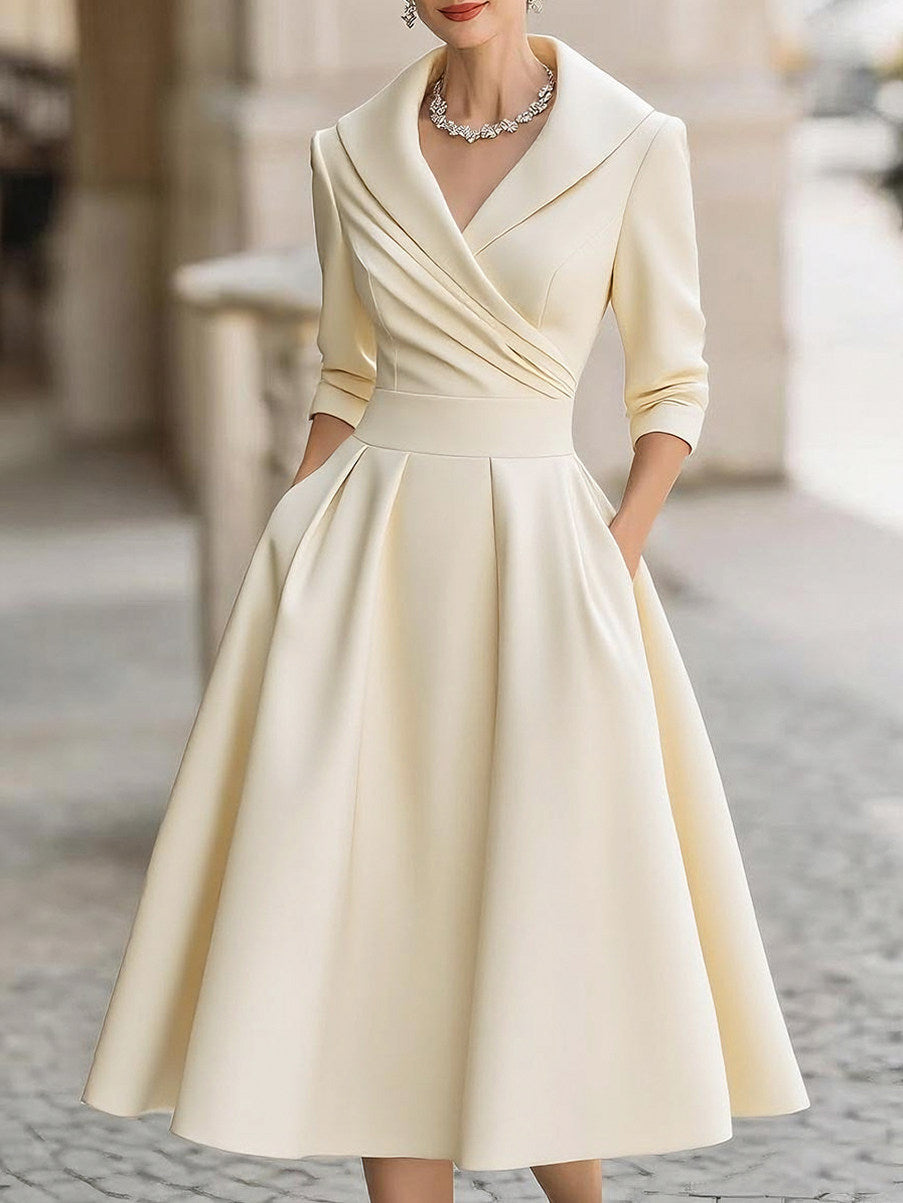 Satin 3/4 Sleeve Shawl Collar Pleated Midi Dress