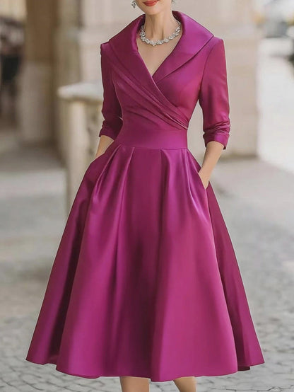 Satin 3/4 Sleeve Shawl Collar Pleated Midi Dress
