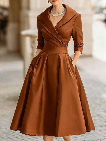 Satin 3/4 Sleeve Shawl Collar Pleated Midi Dress