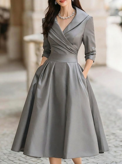 Satin 3/4 Sleeve Shawl Collar Pleated Midi Dress