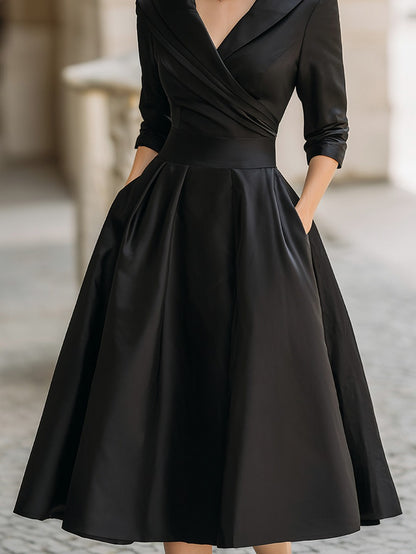 Satin 3/4 Sleeve Shawl Collar Pleated Midi Dress