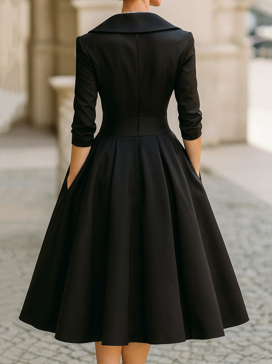 Satin 3/4 Sleeve Shawl Collar Pleated Midi Dress