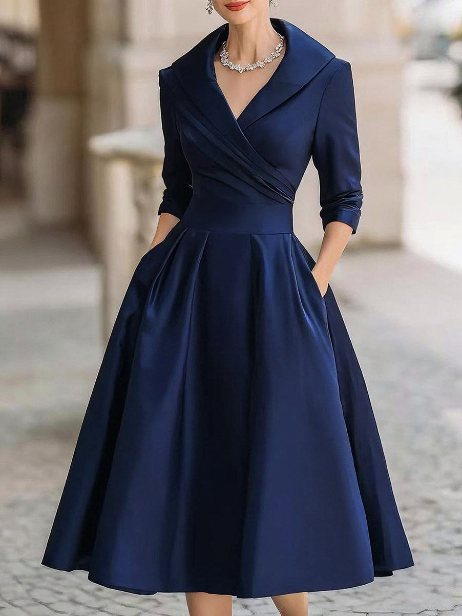 Satin 3/4 Sleeve Shawl Collar Pleated Midi Dress