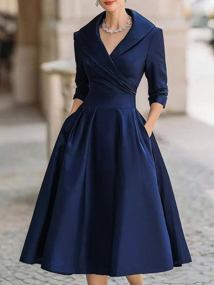 Satin 3/4 Sleeve Shawl Collar Pleated Midi Dress