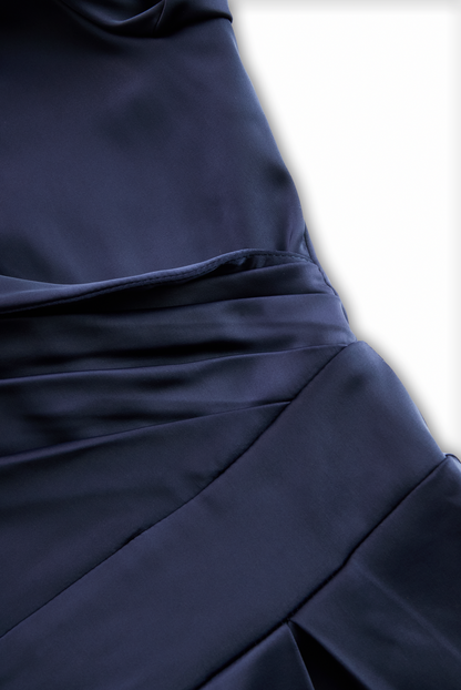 Satin 3/4 Sleeve Shawl Collar Pleated Midi Dress