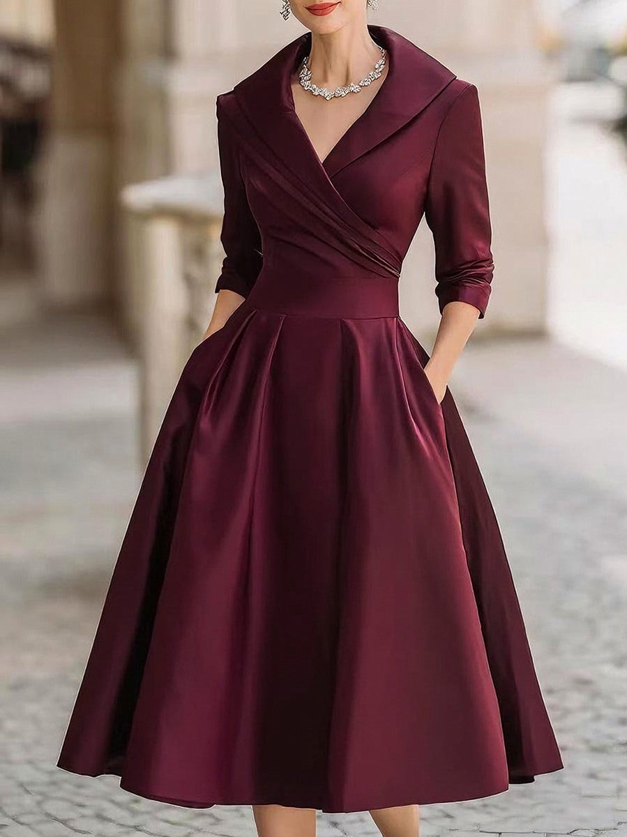 Satin 3/4 Sleeve Shawl Collar Pleated Midi Dress