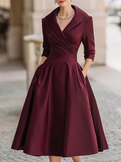 Satin 3/4 Sleeve Shawl Collar Pleated Midi Dress