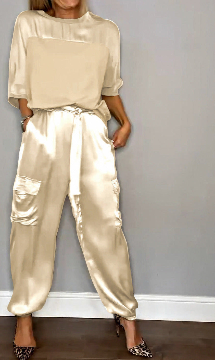 Satin Short Sleeve Cargo Matching Set