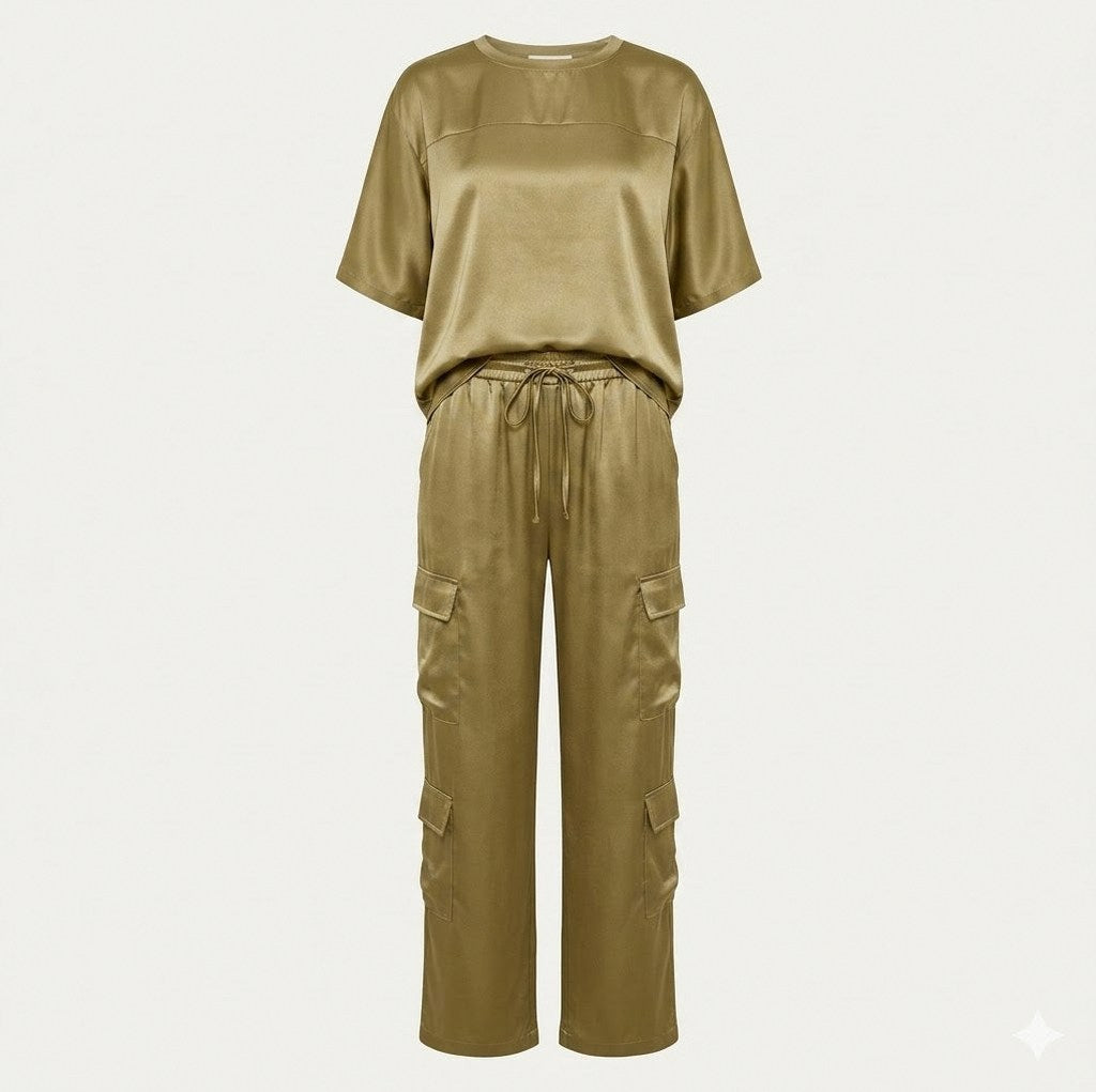 Satin Short Sleeve Cargo Matching Set