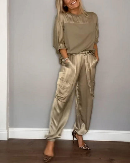 Satin Short Sleeve Cargo Matching Set