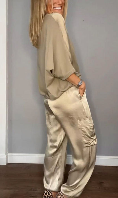 Satin Short Sleeve Cargo Matching Set