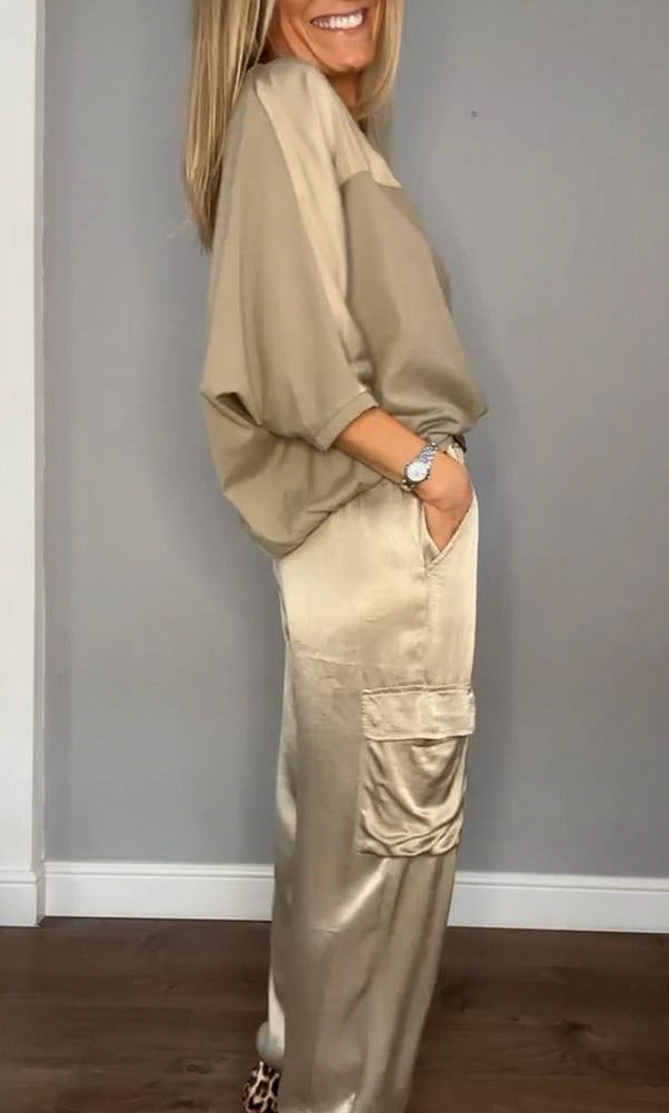 Satin Short Sleeve Cargo Matching Set