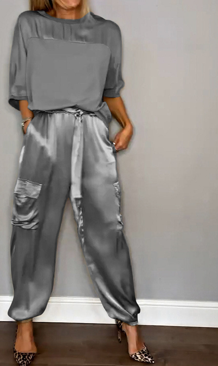 Satin Short Sleeve Cargo Matching Set