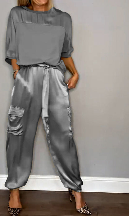 Satin Short Sleeve Cargo Matching Set