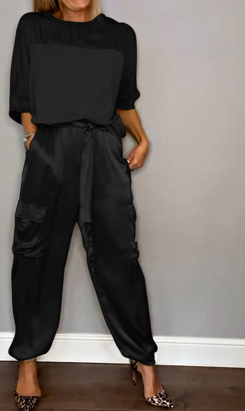 Satin Short Sleeve Cargo Matching Set