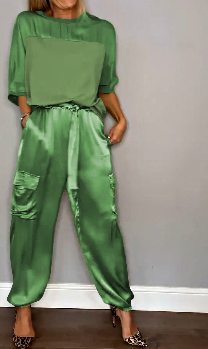 Satin Short Sleeve Cargo Matching Set