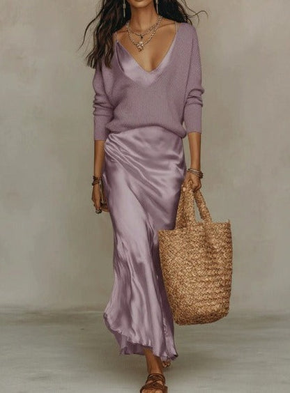 Satin Slip Midi Dress with V-Neck Sweater