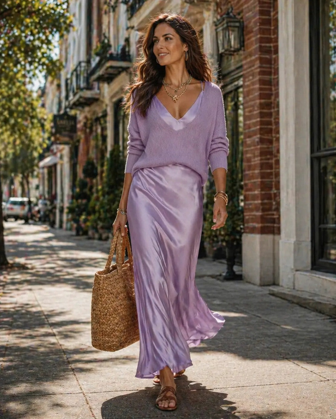 Satin Slip Midi Dress with V-Neck Sweater