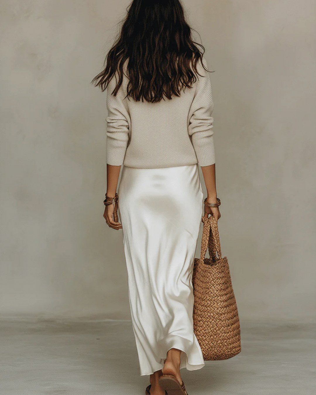 Satin Slip Midi Dress with V-Neck Sweater