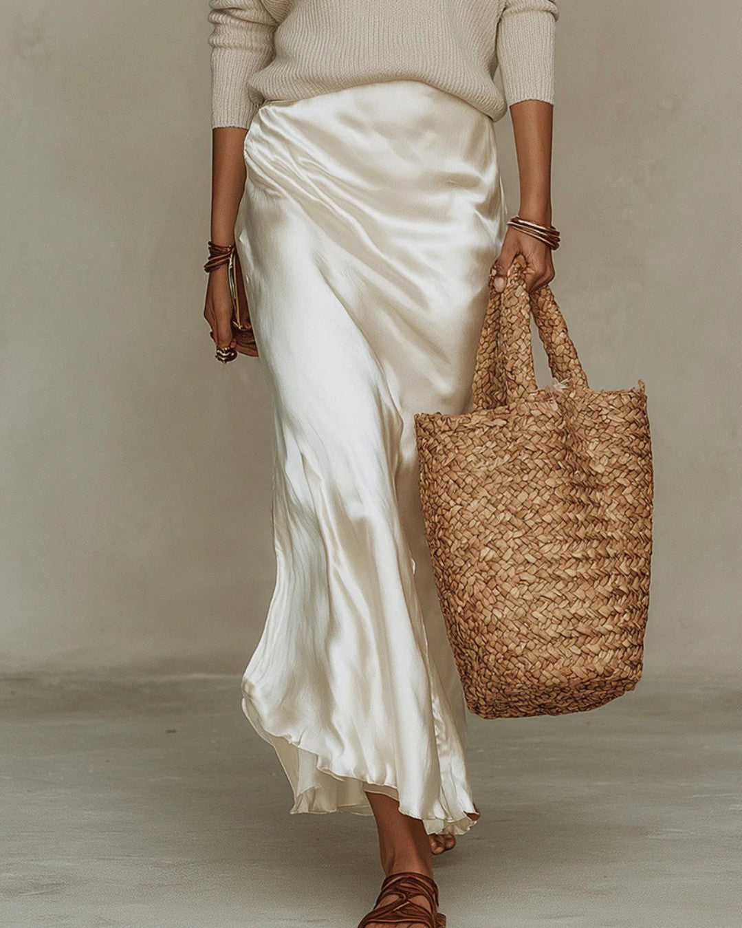 Satin Slip Midi Dress with V-Neck Sweater