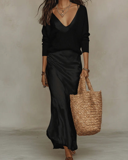 Satin Slip Midi Dress with V-Neck Sweater