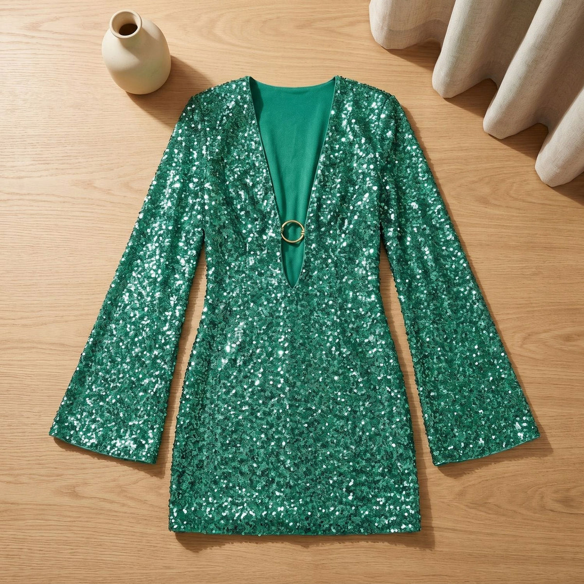 Sequin Long Bell Sleeve Cutout Mini Dress