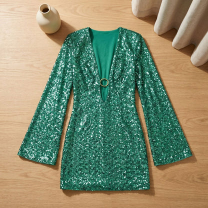 Sequin Long Bell Sleeve Cutout Mini Dress
