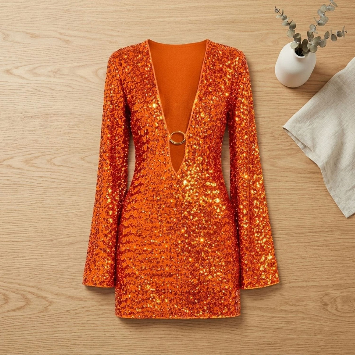 Sequin Long Bell Sleeve Cutout Mini Dress