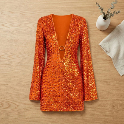 Sequin Long Bell Sleeve Cutout Mini Dress