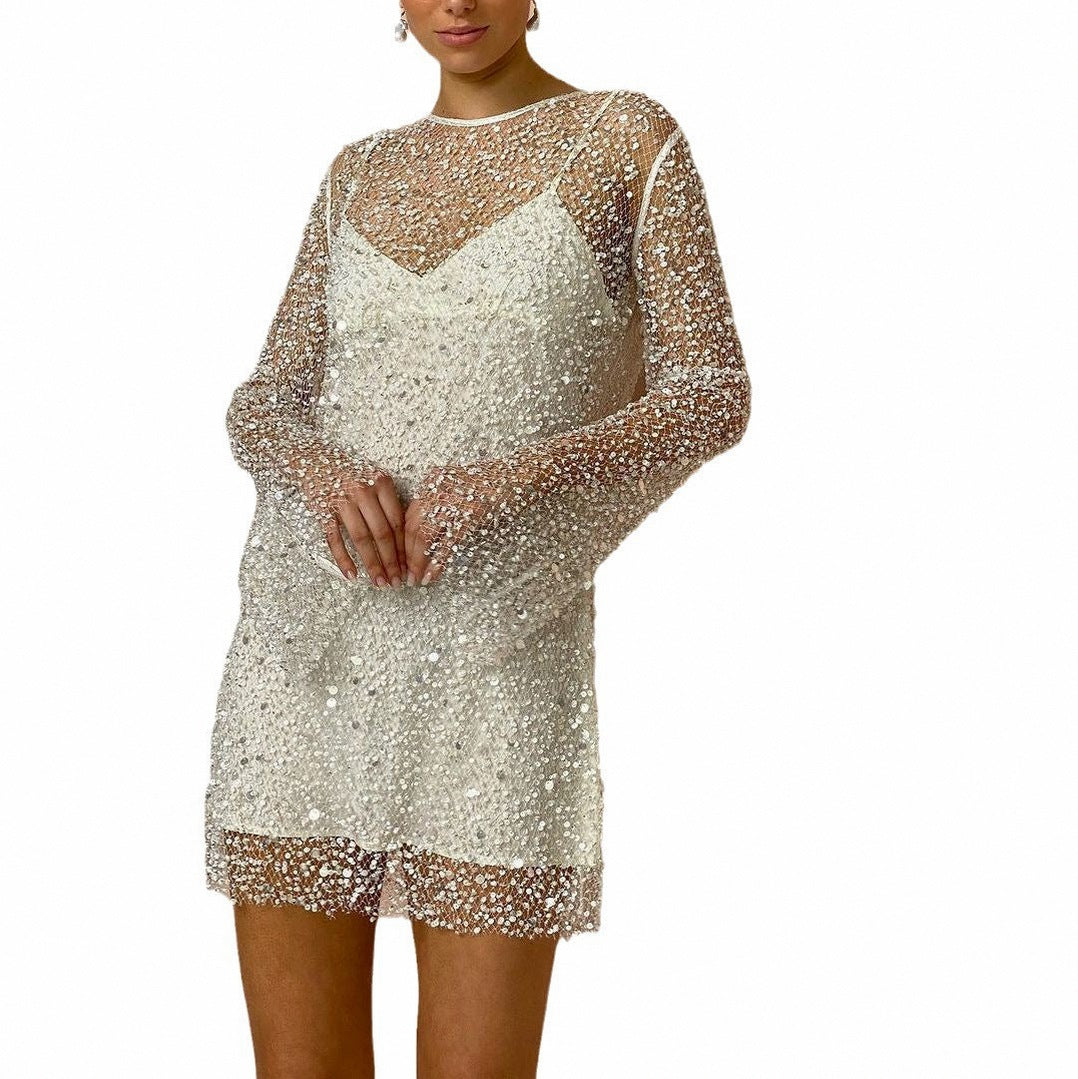 Sequin Mesh Long Sleeve Mini Dress