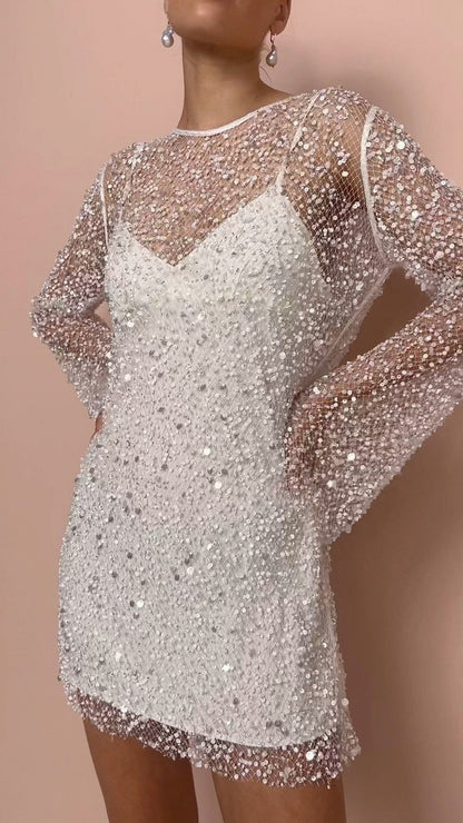 Sequin Mesh Long Sleeve Mini Dress