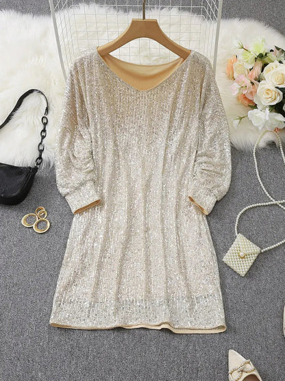 Sequin Long Sleeve Off Shoulder Mini Dress