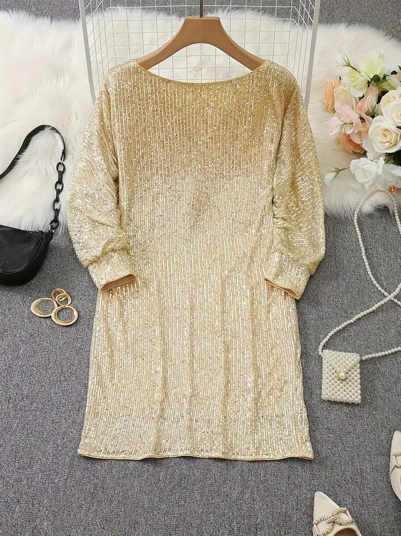 Sequin Long Sleeve Off Shoulder Mini Dress