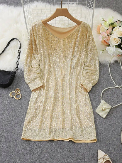 Sequin Long Sleeve Off Shoulder Mini Dress