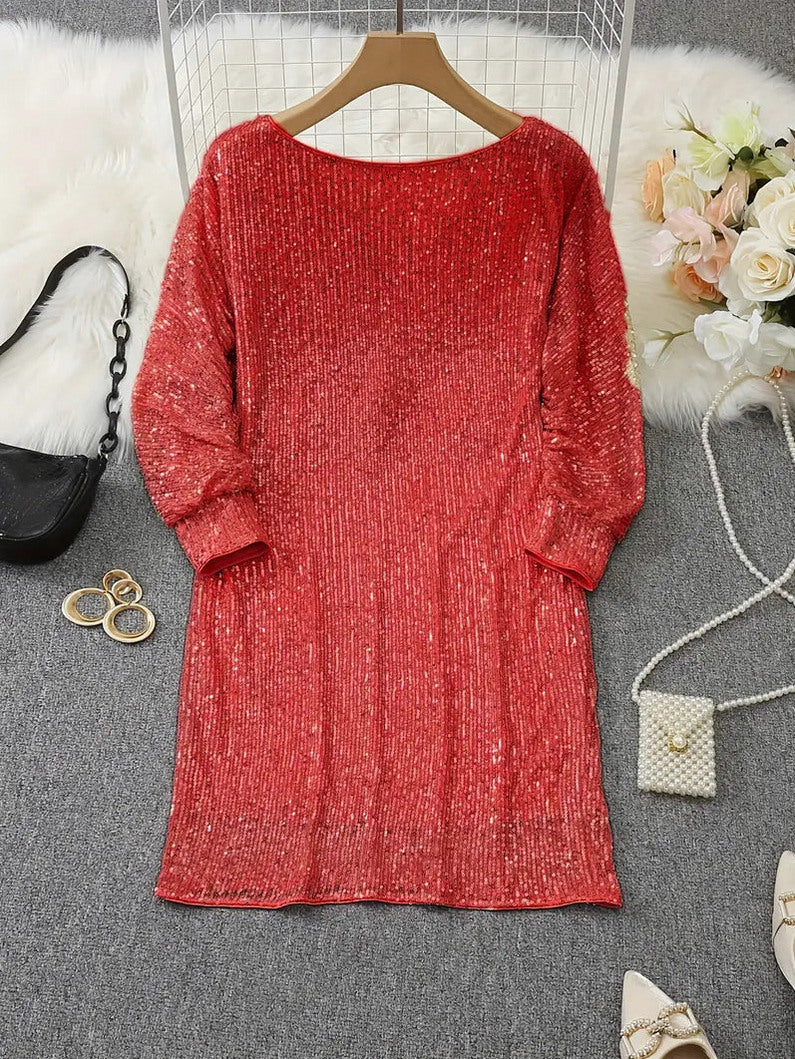 Sequin Long Sleeve Off Shoulder Mini Dress