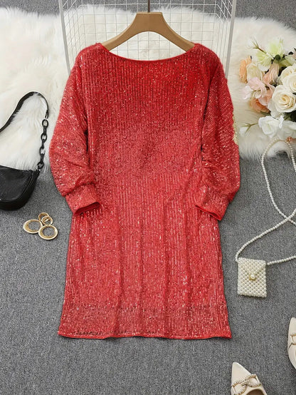 Sequin Long Sleeve Off Shoulder Mini Dress