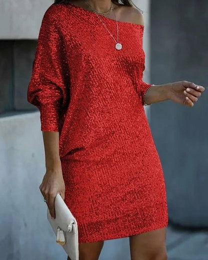 Sequin Long Sleeve Off Shoulder Mini Dress