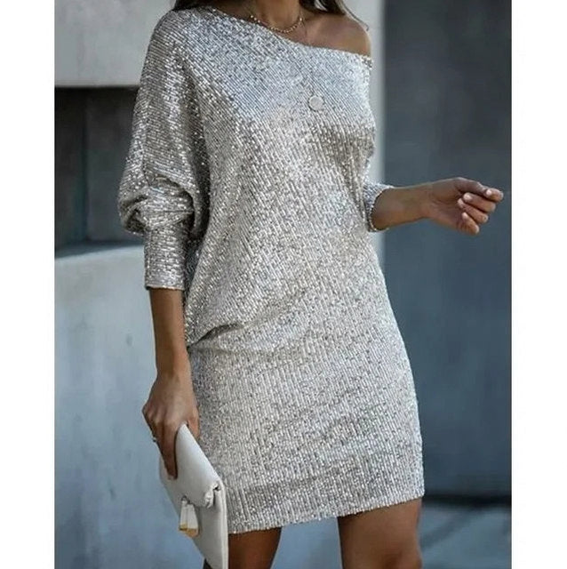 Sequin Long Sleeve Off Shoulder Mini Dress