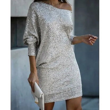Sequin Long Sleeve Off Shoulder Mini Dress