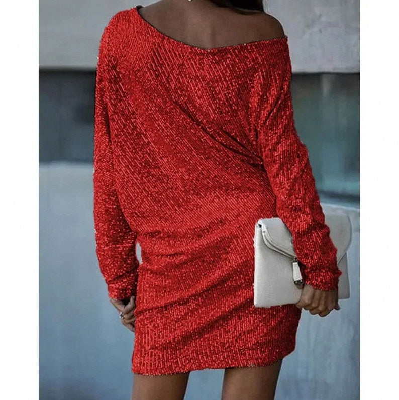 Sequin Long Sleeve Off Shoulder Mini Dress
