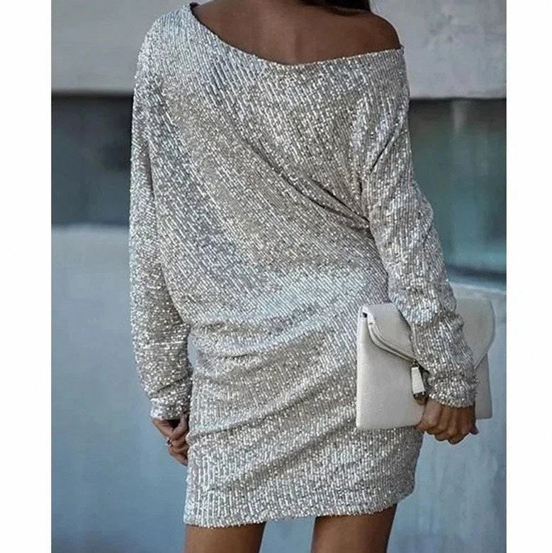 Sequin Long Sleeve Off Shoulder Mini Dress