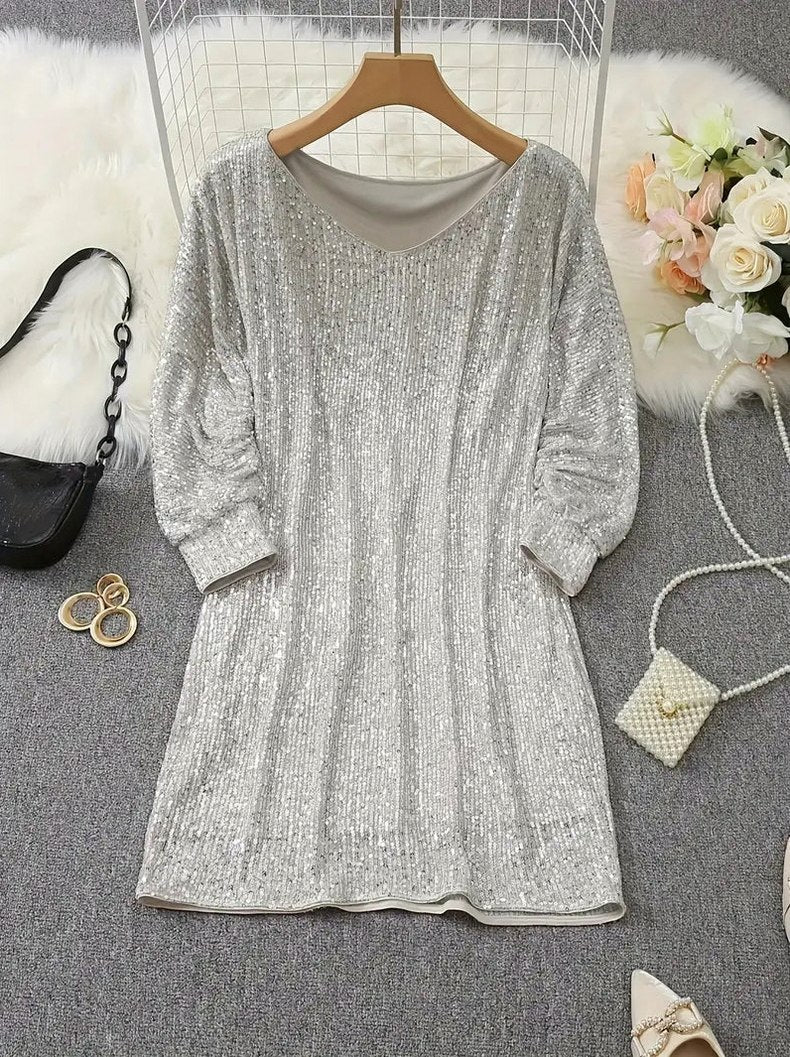 Sequin Long Sleeve Off Shoulder Mini Dress