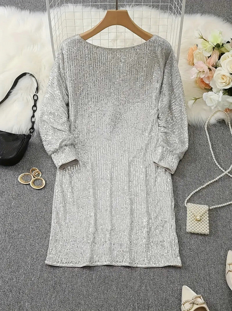 Sequin Long Sleeve Off Shoulder Mini Dress