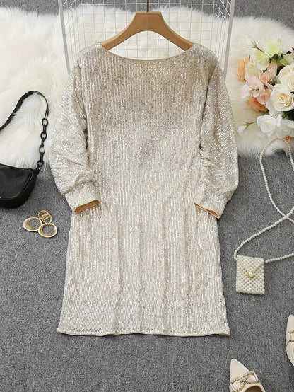 Sequin Long Sleeve Off Shoulder Mini Dress