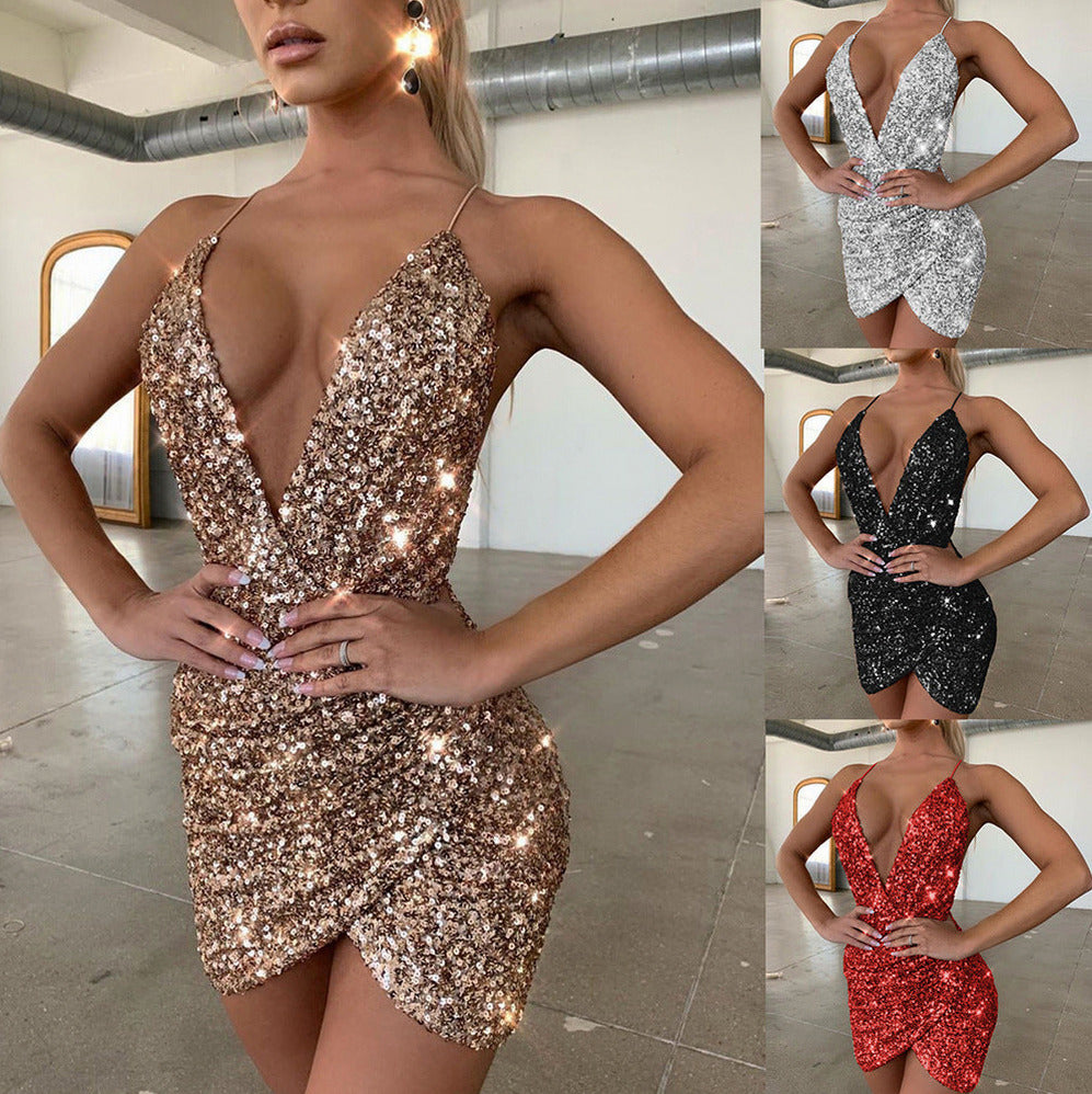 Sequin Plunge Wrap Mini Dress