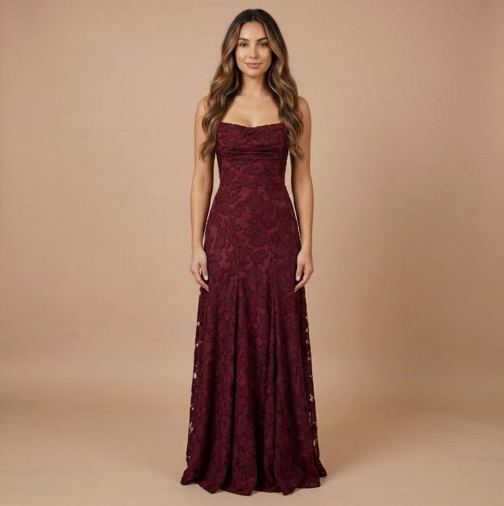 Strapless Ruched Lace Maxi Dress