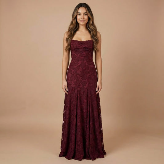Strapless Ruched Lace Maxi Dress