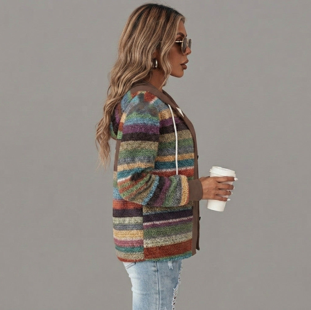 Striped Hooded Knit Button Cardigan