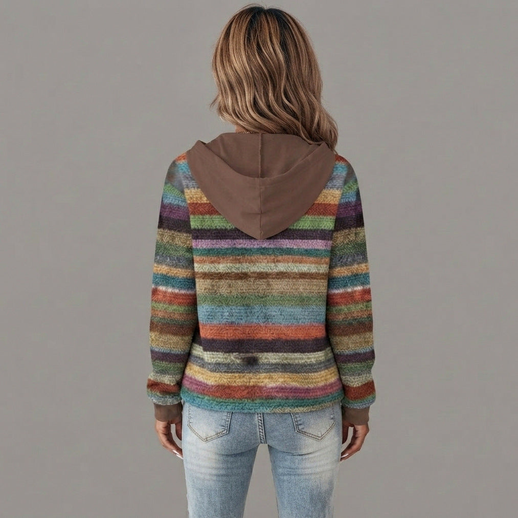 Striped Hooded Knit Button Cardigan