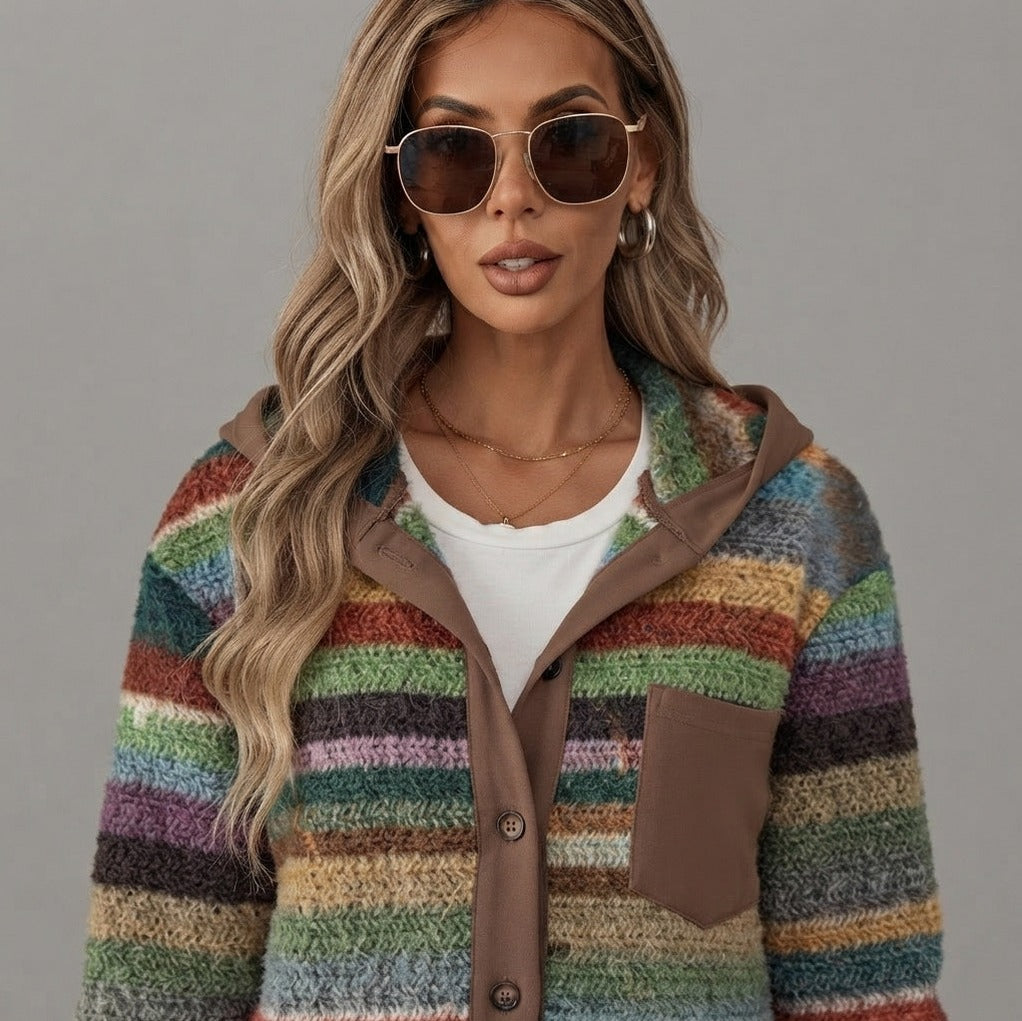 Striped Hooded Knit Button Cardigan